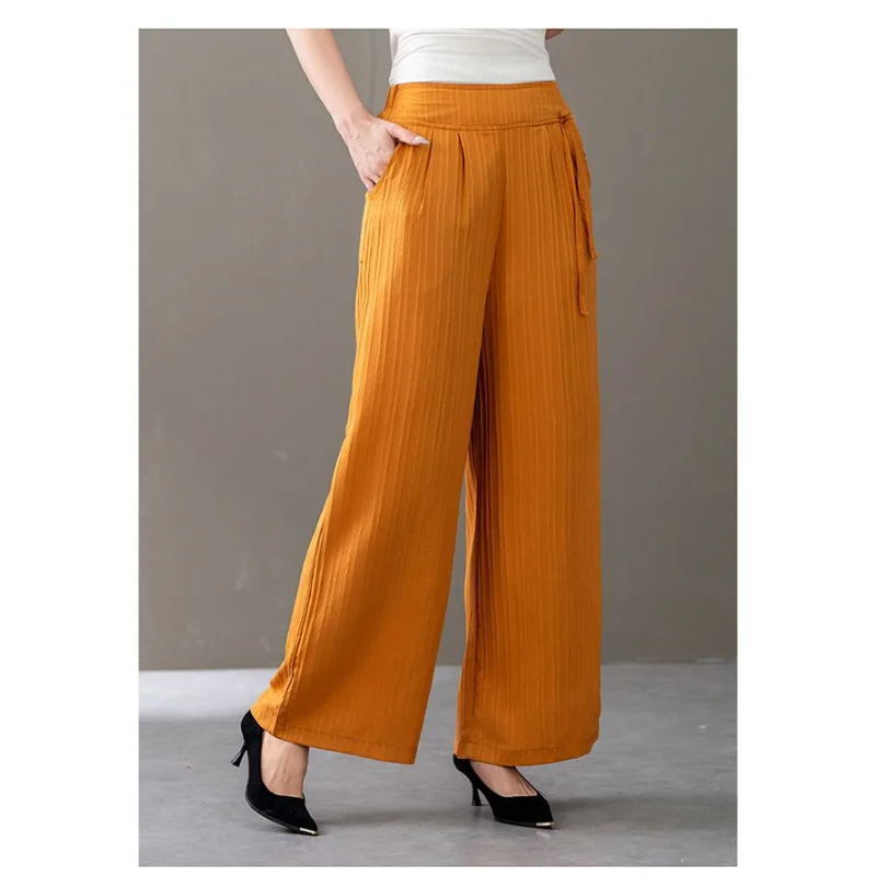 Nieuwe Chinese Stijl Reliëf Wijde Pijpen Temperament Negen-Punt Vrouwen 2025, Nieuwe Elastische Hoge Taille Gesp Casual Broek