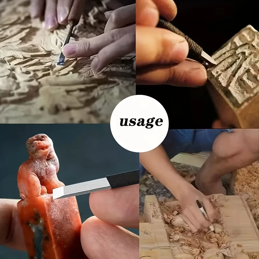 Kép 4: Professzionális Acél tömítő Fafaragás Cizelál beállítása kezét gravírozó Agyonszúr számára Kő faipari Apaminta DIY kézműves sculpting Fafaragás kezét eszközök készlet