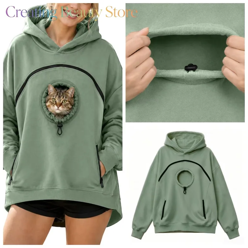 Pet Matching Outfit Thick Flannel Fleece Hooded Sweatshirt Oversized Warm Loungewear with Pet Holding Pocket