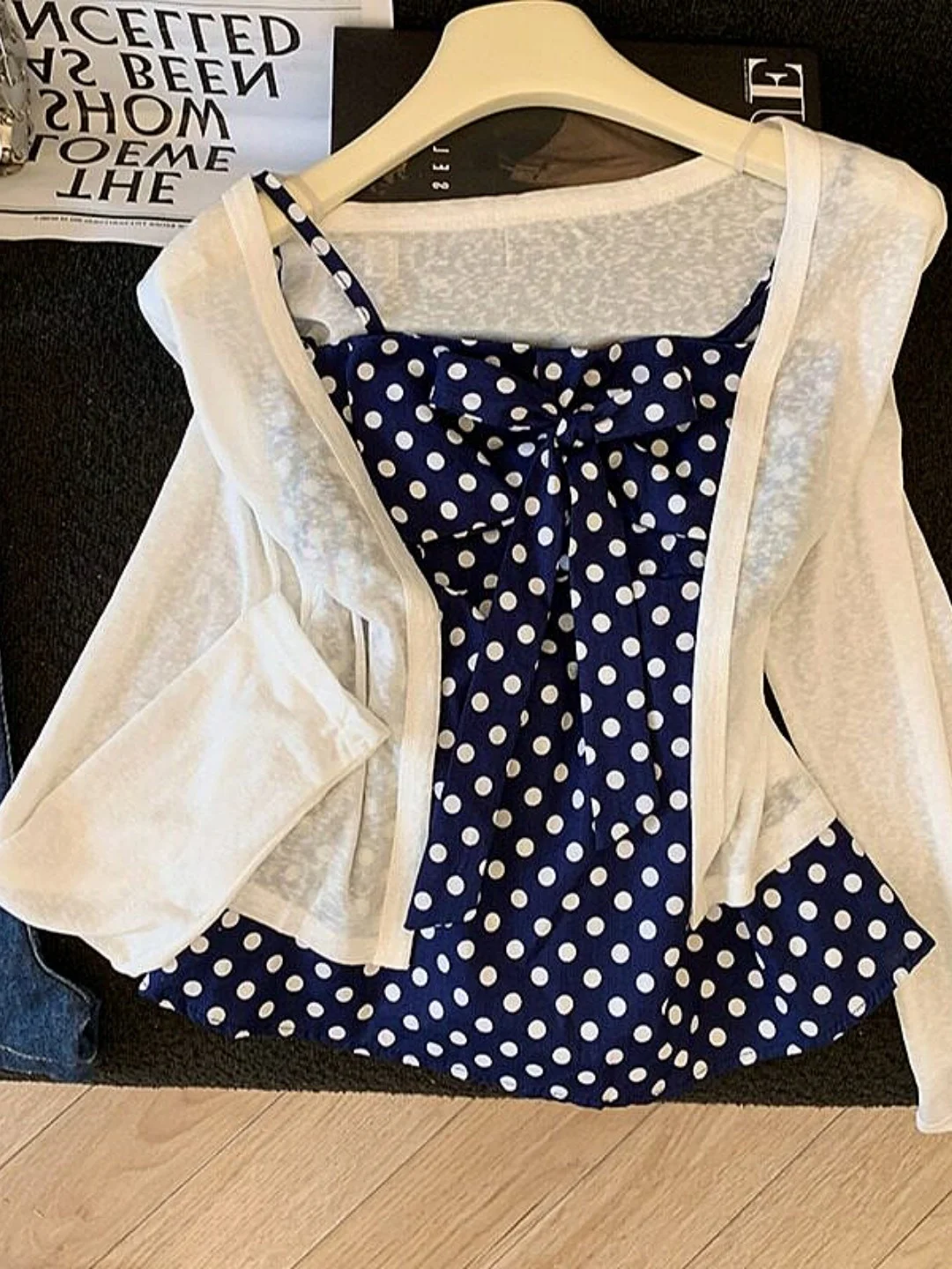 

New 2026 Women's Sweet Pattern Long Sleeve Knitted Open Cardigan Vest Strap Two-Piece Set Top Slim Fit Fashion