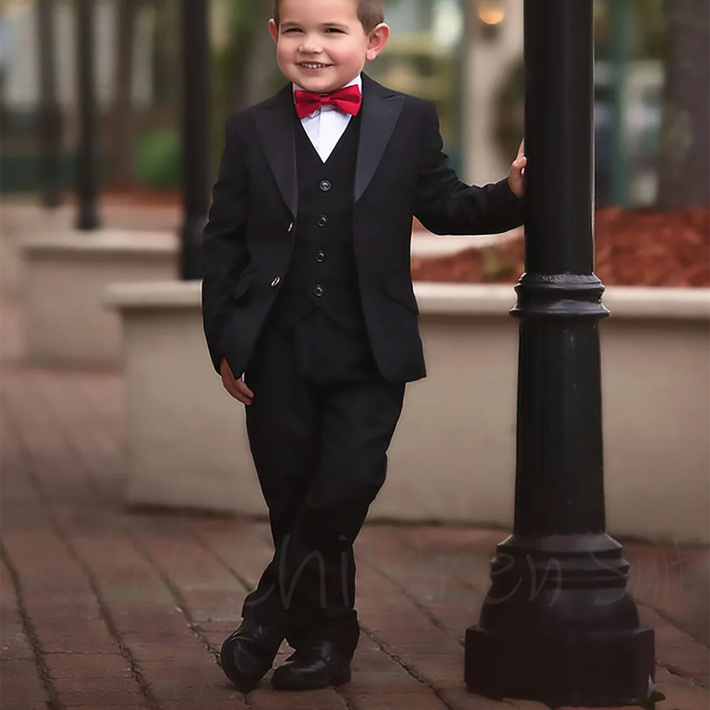

Boys Suit Set Three Piece(Jacket+Pants+Vest) Solid Black Birthday Suit Single Breasted Formal Occasion Performance Kids Wear