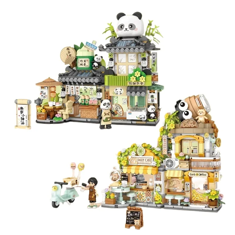 Creative Loz Coffee Shop Building Block Toys Sets City Street View DIY China Panda Tea House Mini Bricks Toys For Kids Girls