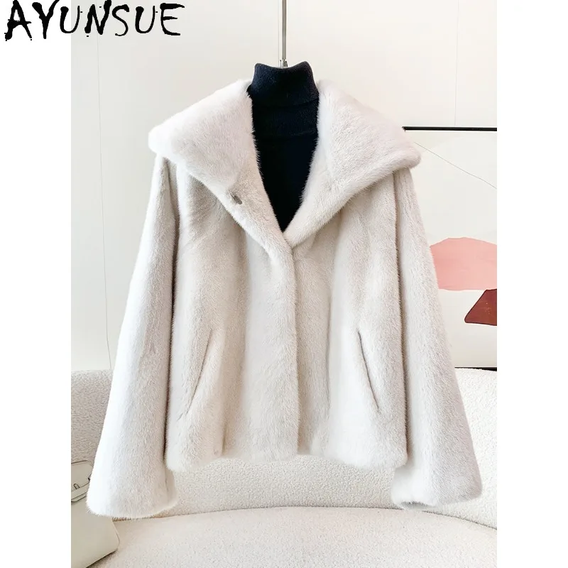 AYUNSUE Purple Label Velvet Whole Mink Fur Coat Woman Winter Jacket Hooded Tops for Woman Casual Stylish Woman Clothes Fourrure
