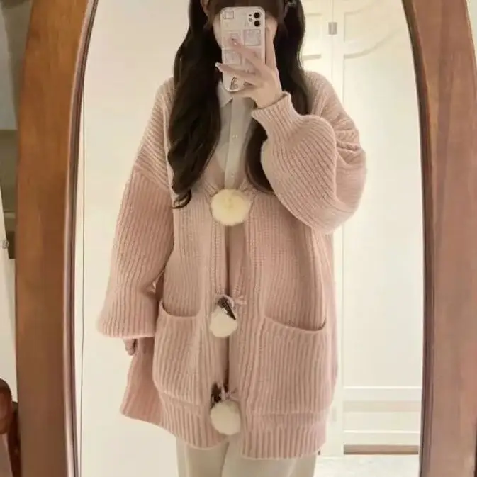 

Two-Piece Knitted Cardigan Wide-Leg Pants Autumn Sweet Beauty Pink Korean Retro Single-Breasted V-Neck Blouse Women'S Suit