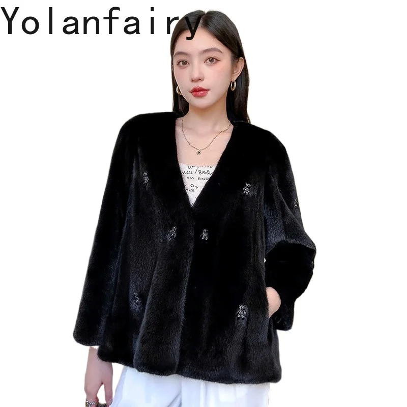 YOLANFAIRY Full Pelt Mink Fur Luxury Coat Whole Natural Real Velvet Mink Jacket Fur Cloth Woman V-neck Winter Coat Женскаялюкс