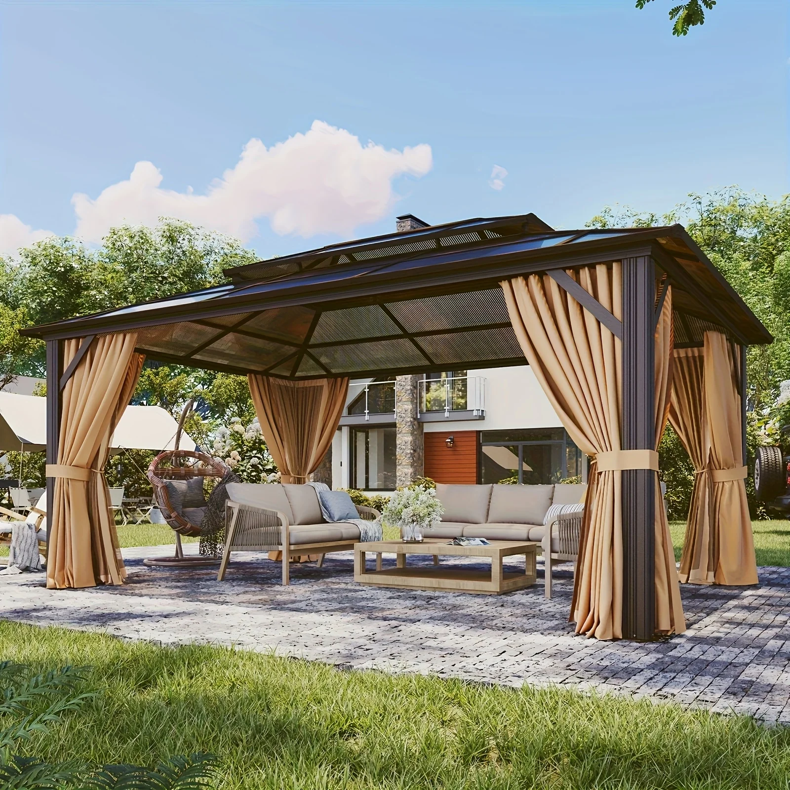 

20'x13'/16'x12'/12'x10' Hardtop Gazebo for Patio, Outdoor Aluminum Gazebo with Double Roof, Curtains & Netting, Weather-Resistant Permanent Pavilion, Backyard Patio Furniture for Garden, Lawn, Deck (Brown/Gray)