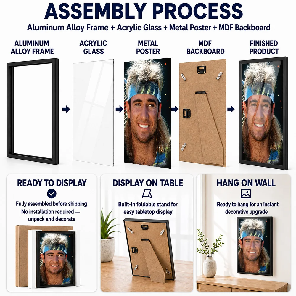 Andre Agassi Tennis Metal Poster With Aluminum Alloy Frame Personalized Photo Dynamic Grand Slam Style Wall Art For Sports Bar
