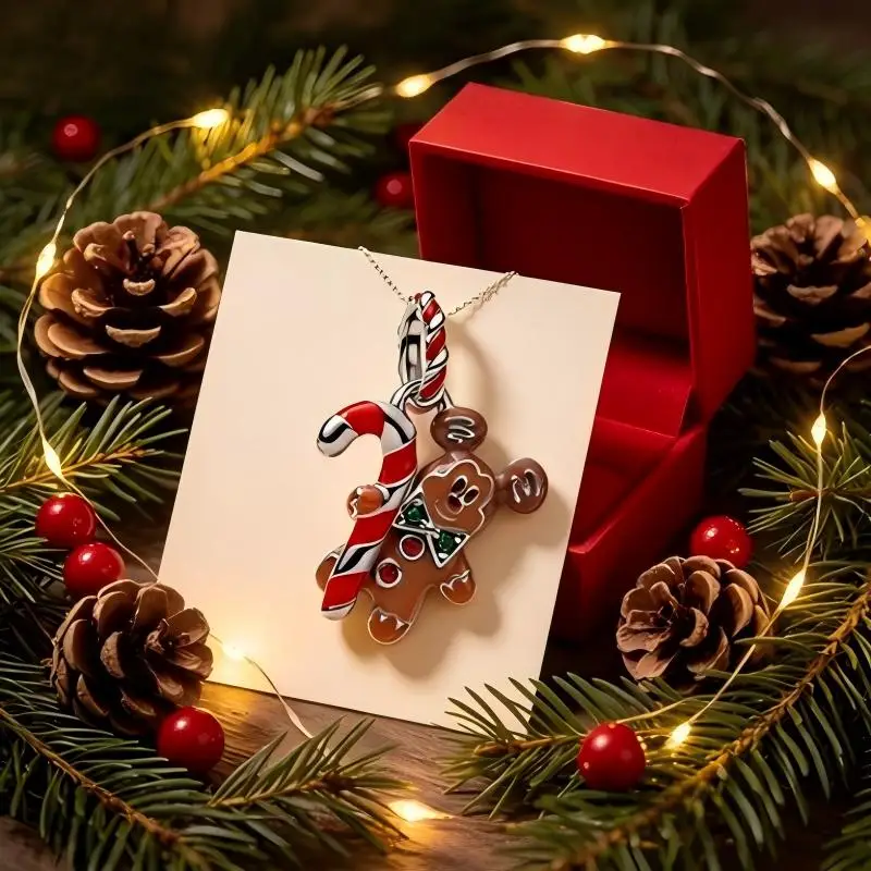 2026 New Hot Sale Christmas Gingerbread Man & Candy Cane Dangle Charm, Enamel Zircon Pendant Beads,Women Christmas Jewelry Gifts