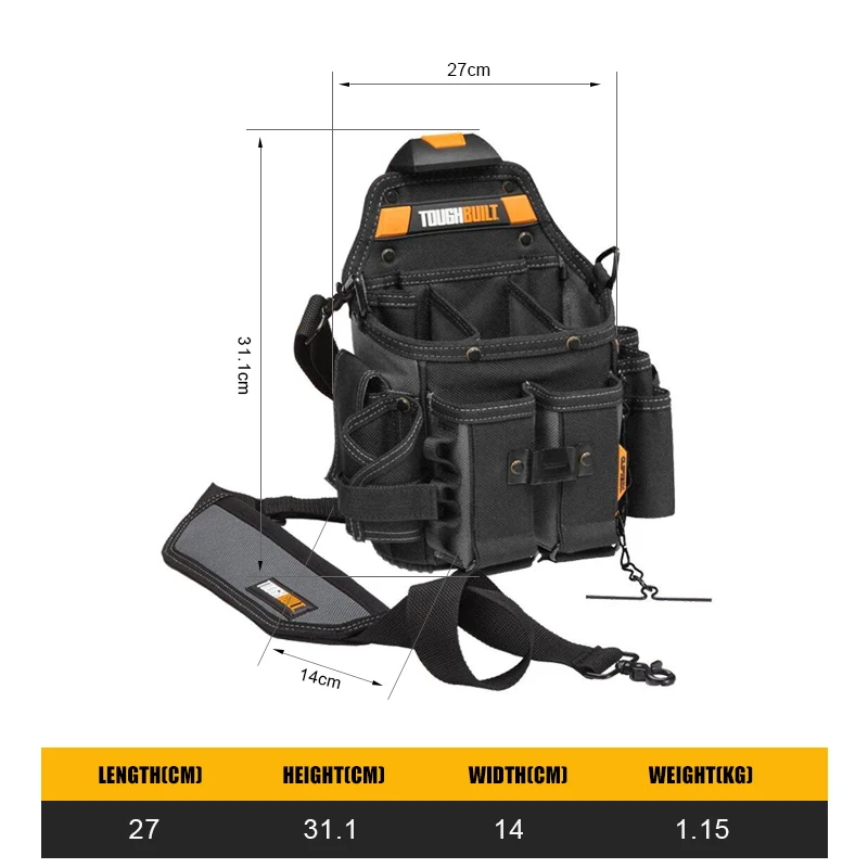 TOUGHBUILT TB-CT-114 저니맨 전기 기사용 파우치 및 어깨 스트랩, 두꺼운 대용량 보관 허리 팩