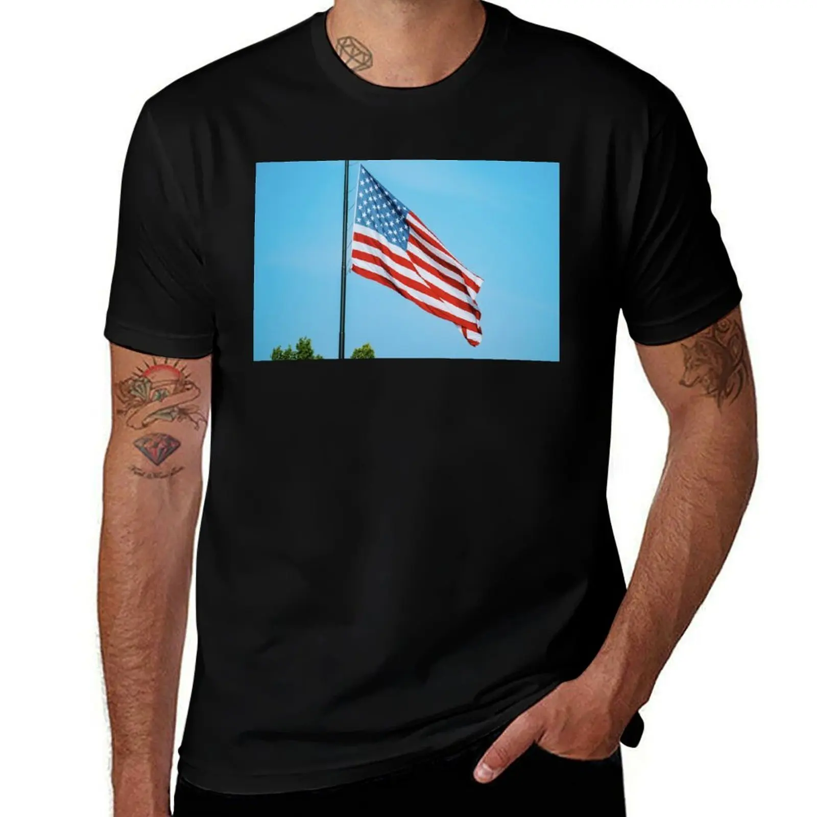 

Waving American Flag Against Clear Blue Sky T-Shirt tshirts personalised Aesthetic clothing shirts graphic tees t shirts men