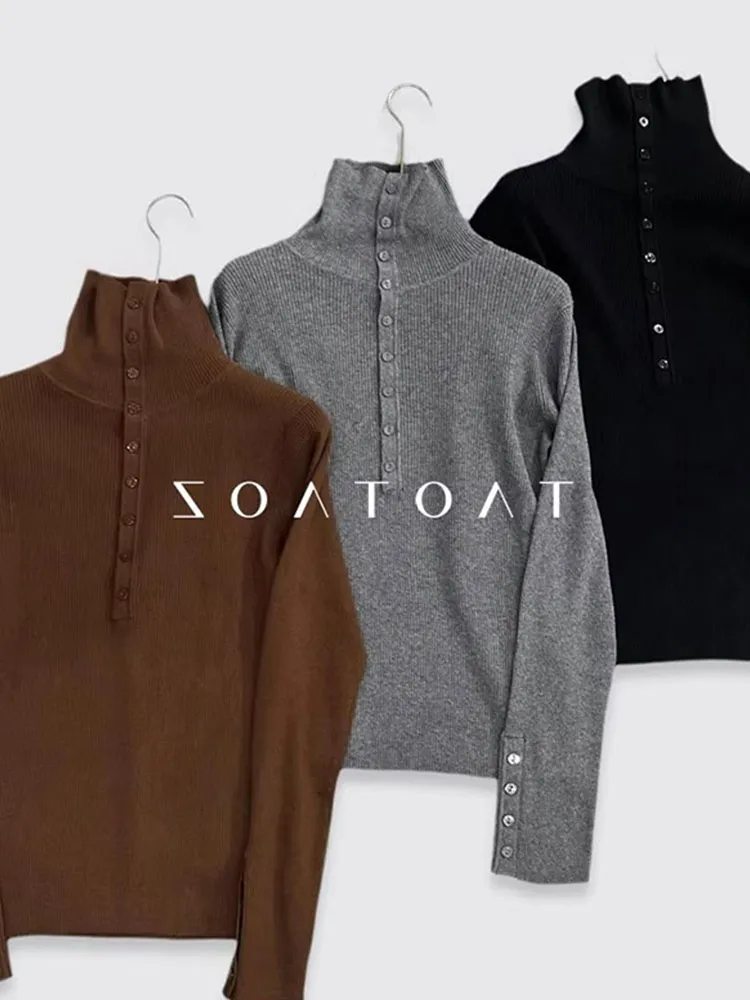 الخريف عالية الياقة زر تصميم مريح لون نقي طويل Sve محبوك الصوفية عارضة بسيطة أعلى سترة تريكو