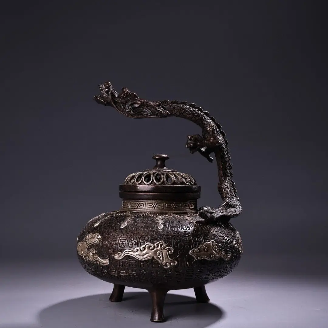 Antique Solid Brass High Relief Chased Silver Gilded Dragon Handle Incense Burner Old Copper Curio