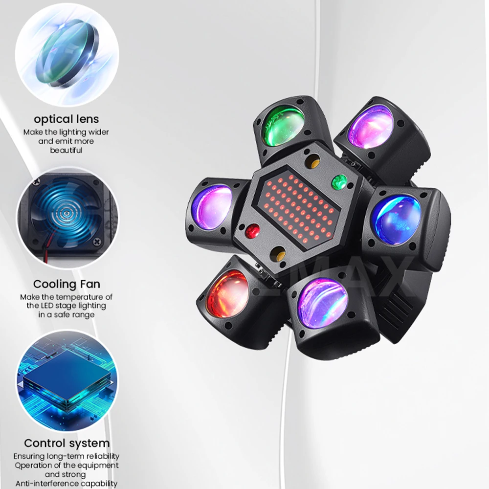 80Wディスコパーティーライト 6アームミニビームムービングヘッド ストロボ効果ライト リモートDMX512コントロール DJモバイルステージ クラブ/結婚式用