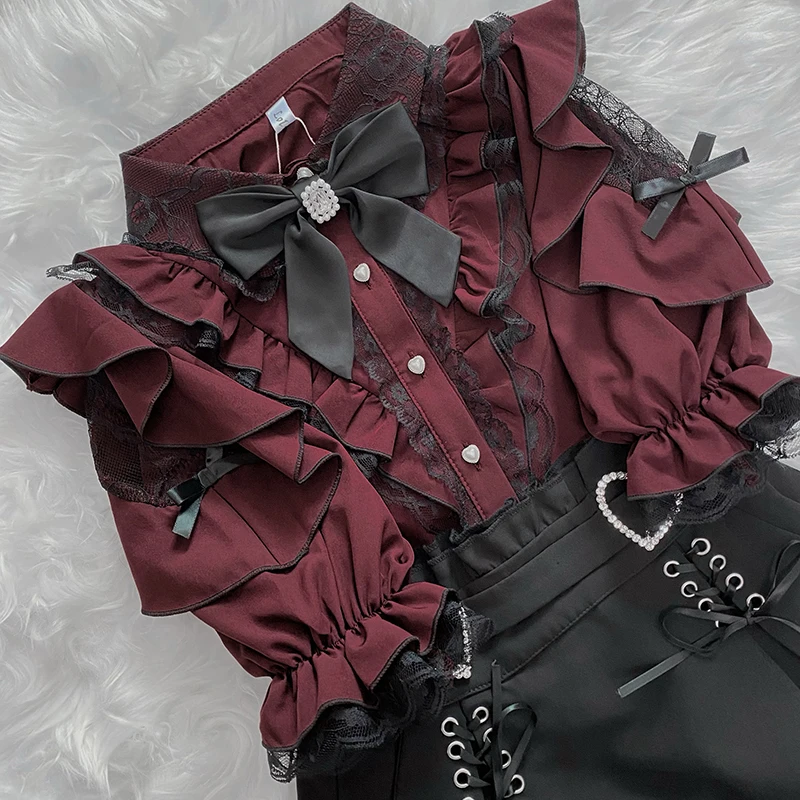 Letnie Słodkie Kawaii Moda Lolita Koszule Damskie Eleganckie Urocze Bluzki w Japońskim Stylu Y2K Estetyczne Gotyckie Eleganckie Bluzki z Długim Rękawem