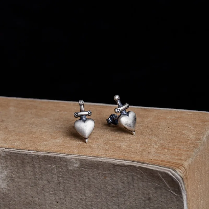 925 Sterling Silver Retro Punk Heart Sword Stud Earrings, Piercing Jewelry for Men Women Party Daily Gifts