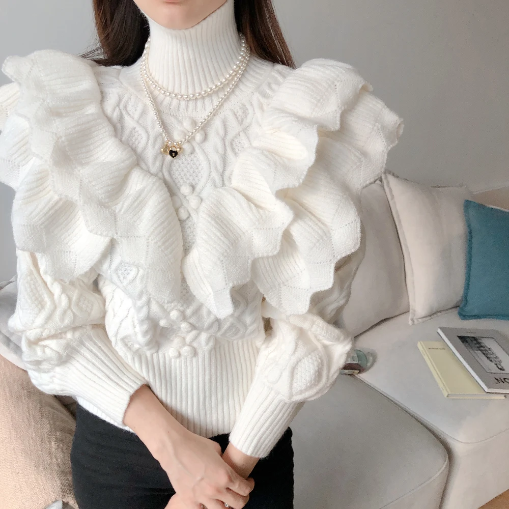 Ruffles Design England Style Turtleneck Outfit Sweater Women Spring Autumn Winter Ladies Elegant Party Pullovers Dropshipping