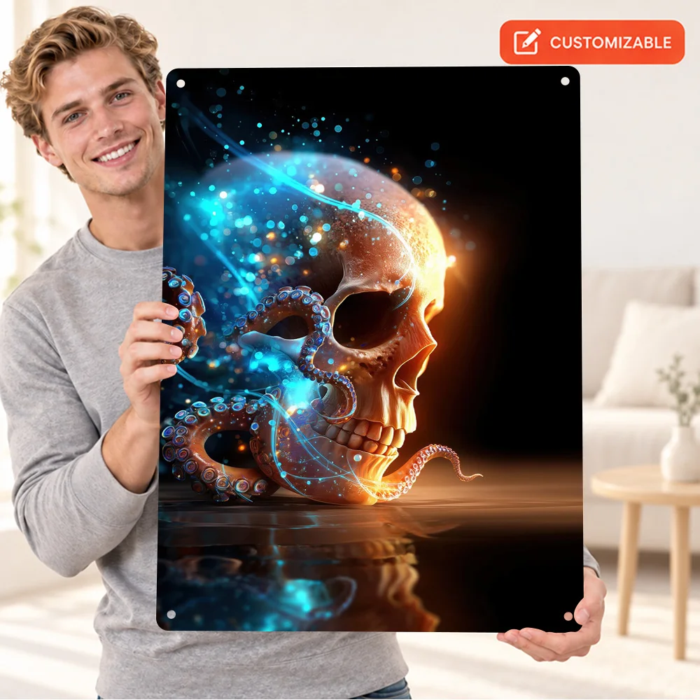 Skull And Octopus Tentacles Digital Printed Poster Bold Design Bedroom Wall Art Customized Aluminum Metal Sign Gothic Fan Gift