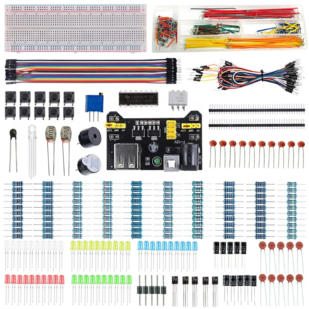 Componentes electrónicos Resistencia de condensador electrolítico LED Kit de placa de pruebas de 830 orificios para paquete de componentes UNO R3 Inicio para principiantes