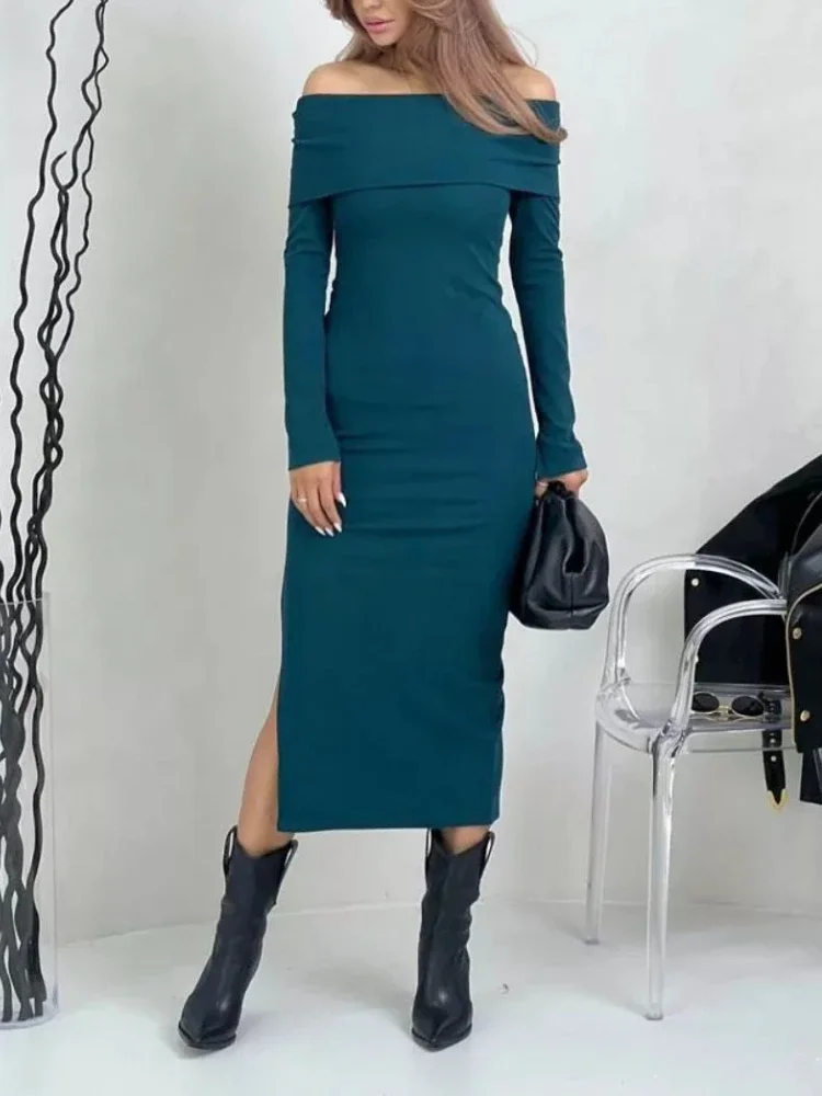 Autumn Women Women Off Shoulder Long Sleeved Dresses Elegant Bodycon Long Dress Elastic High Waist Slash Neck Women's Clothing