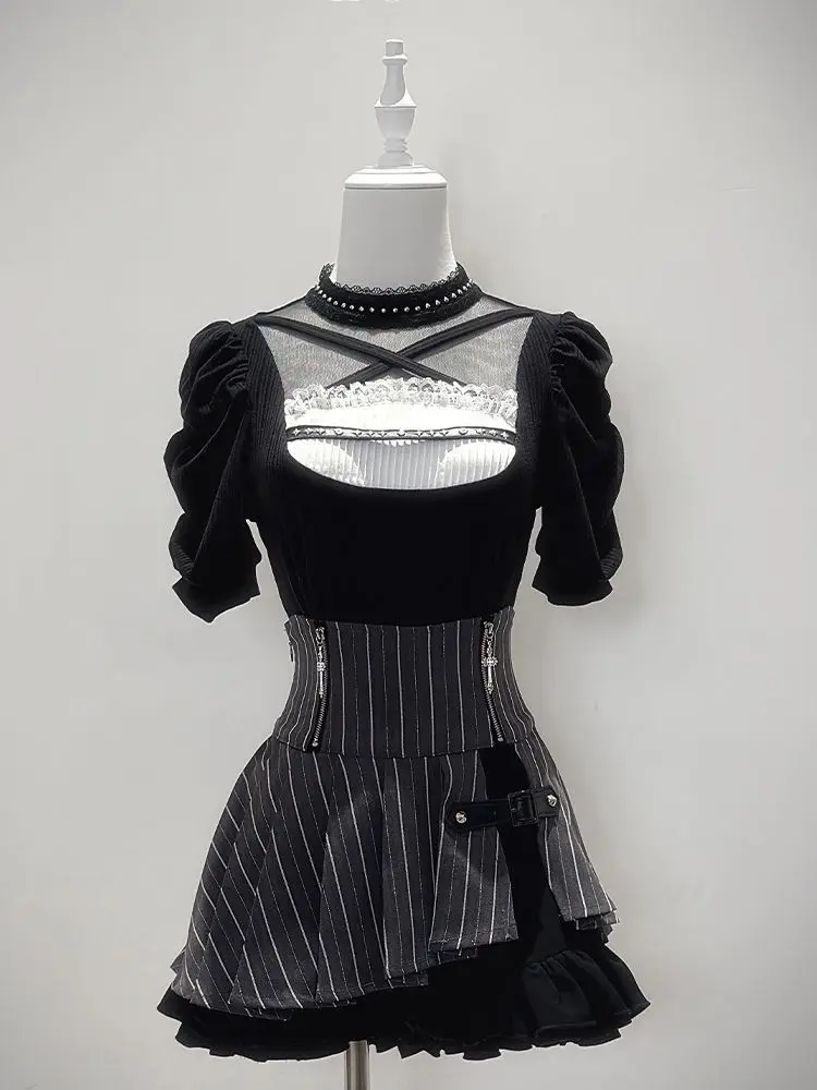 

Summer New Japanese Preppy Style 2 Piece Set Women Gothic Design Elegant Coat+ Stripe Skirt Female Chic Korean Popular Clothes
