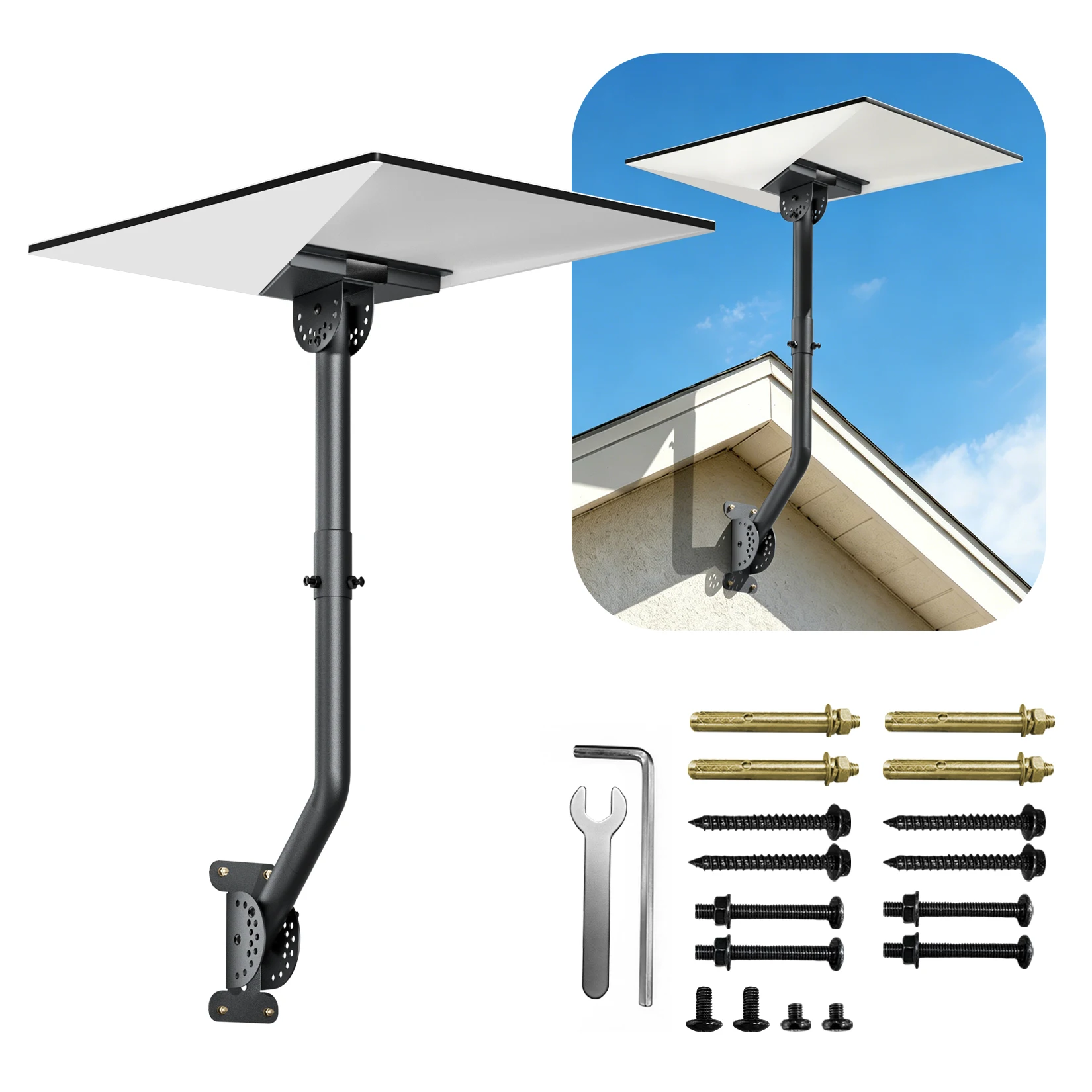 Unho Heavy Duty Metal Wall Mount Kit for Square Satellite Dish Gen3 V3 4 4X Extension Arm Eave Bracket with Cable Box Anti-Rust