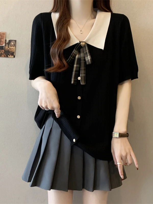 

Свободная футболка ort Sve, женская цветная блузка с кукольным воротником, топ для похудения, корейский Sle Commute Faion, летний узел