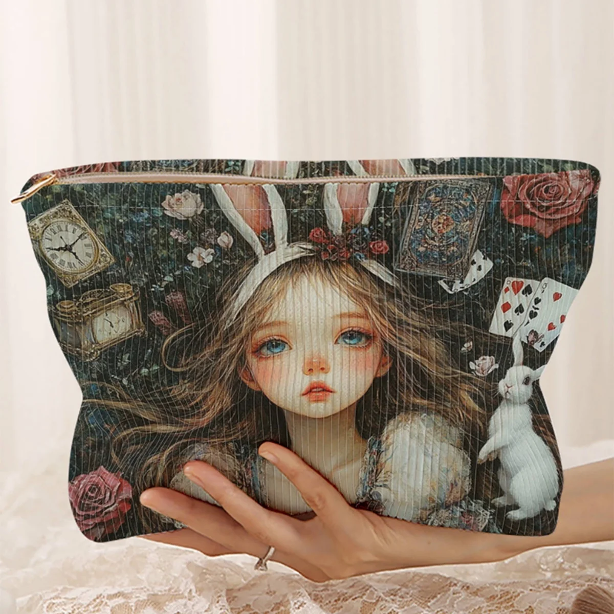 

Little Girl Pattern Corduroy Makeup Bag Lightweight Zipper Storage Box Multi functional Bag with Lining, Used for Cosmetics Stor