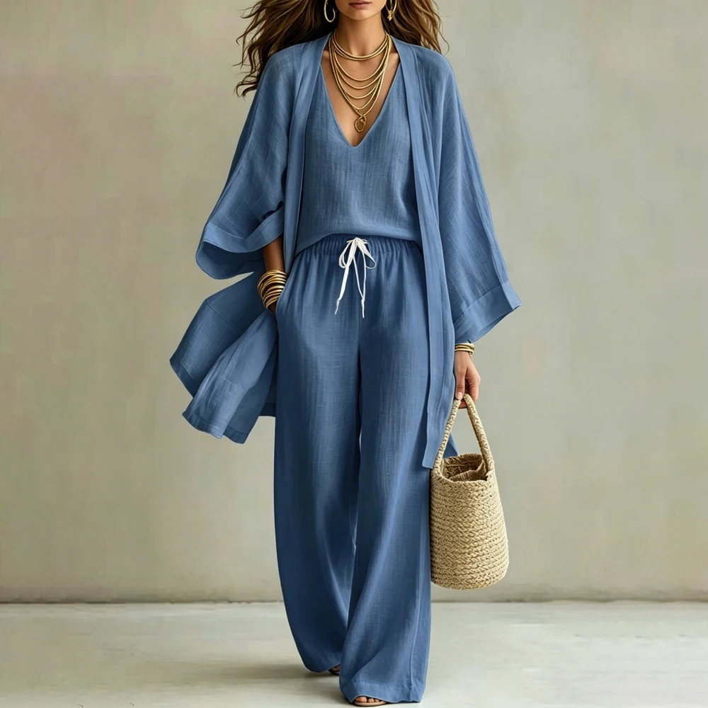 Casual Solid Long Pants Set Loose Vest Shirt Trouser 3pc Set Women Bat Sleeve Cardigan Wide Leg Pants Suit Spring Autumn Outfits