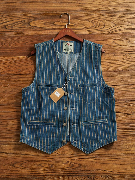 

Retro Distred Denim Vest Men's Trendy V-Ne Layering Workwear Jaet Multiple kets Casual Sle Summer Thin Cotton Pol...