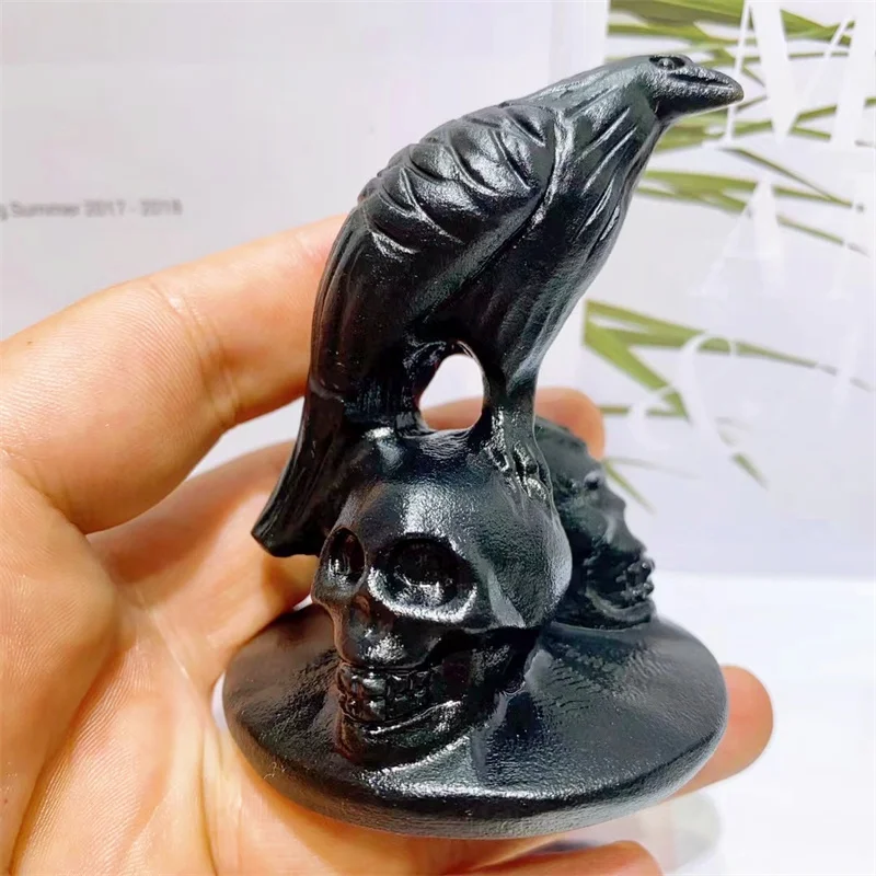 Natural Black Obsidian Crow Skull Carved Mineral Sculpted Reiki Healing Gemstone Crystal Crafts For Art Collection Gift 1pcs