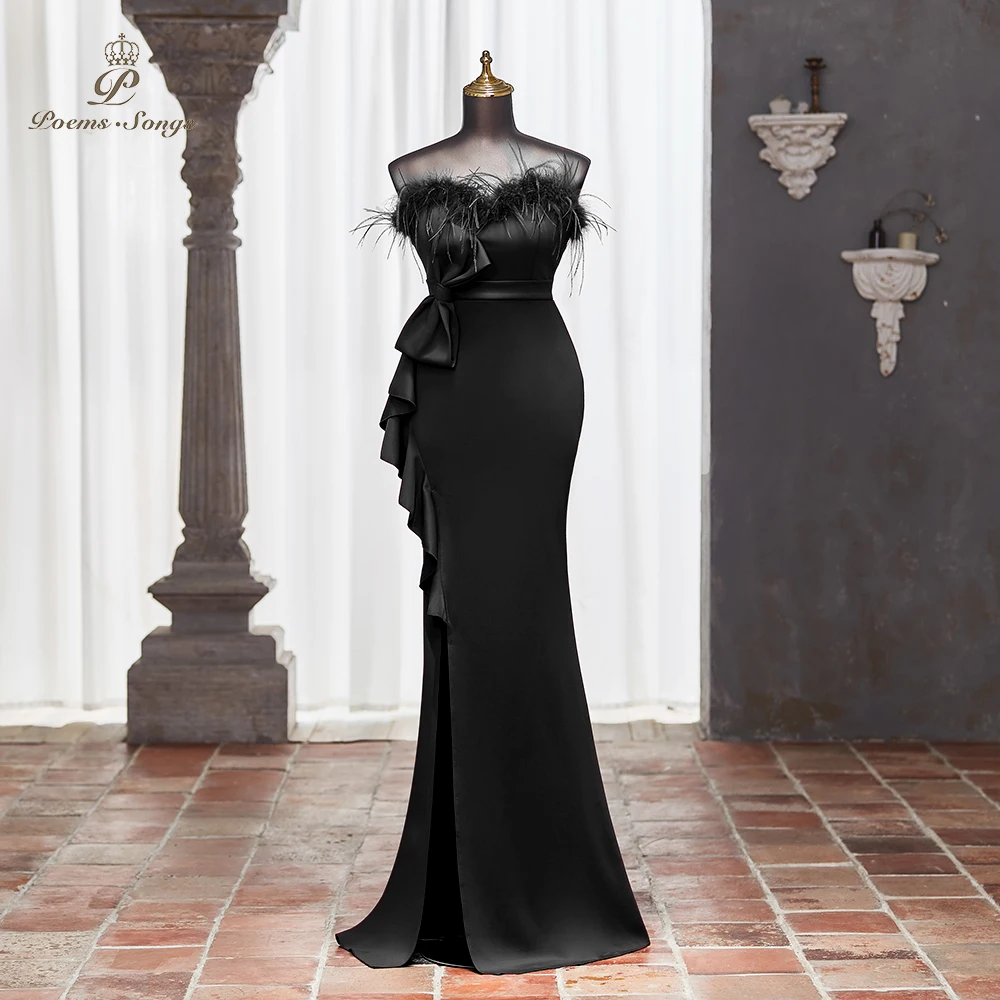 Elegant Black Strapless Mermaid Evening Dress with Feather Detail, Side Slit, and Ruffled Detail, Perfect for Vestidos de Fiesta