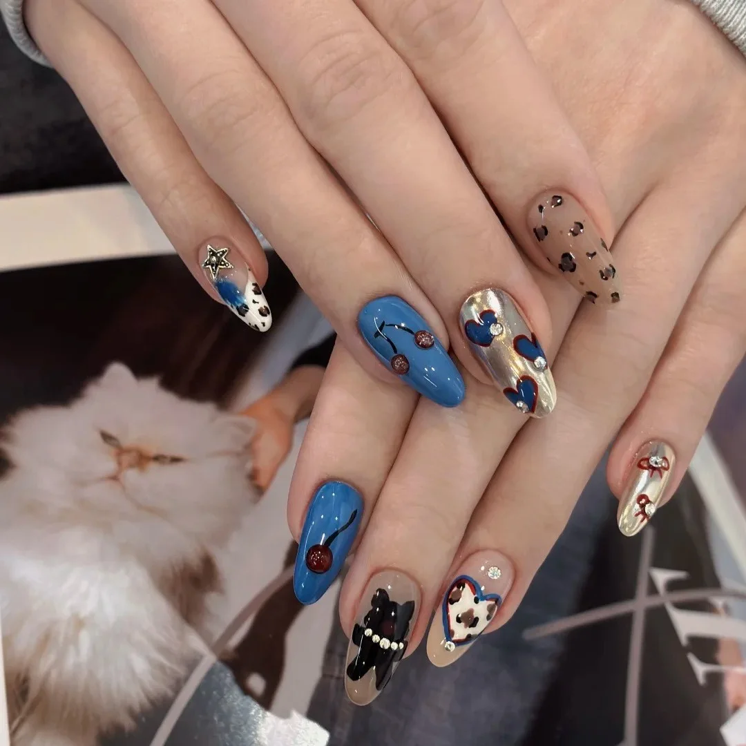 

10Pc Handmade Almond Fake Nails for Y2K Girls Leopard Print Press On Nails Star Bear Designs Cool Fashion False Nails DIY Manicu