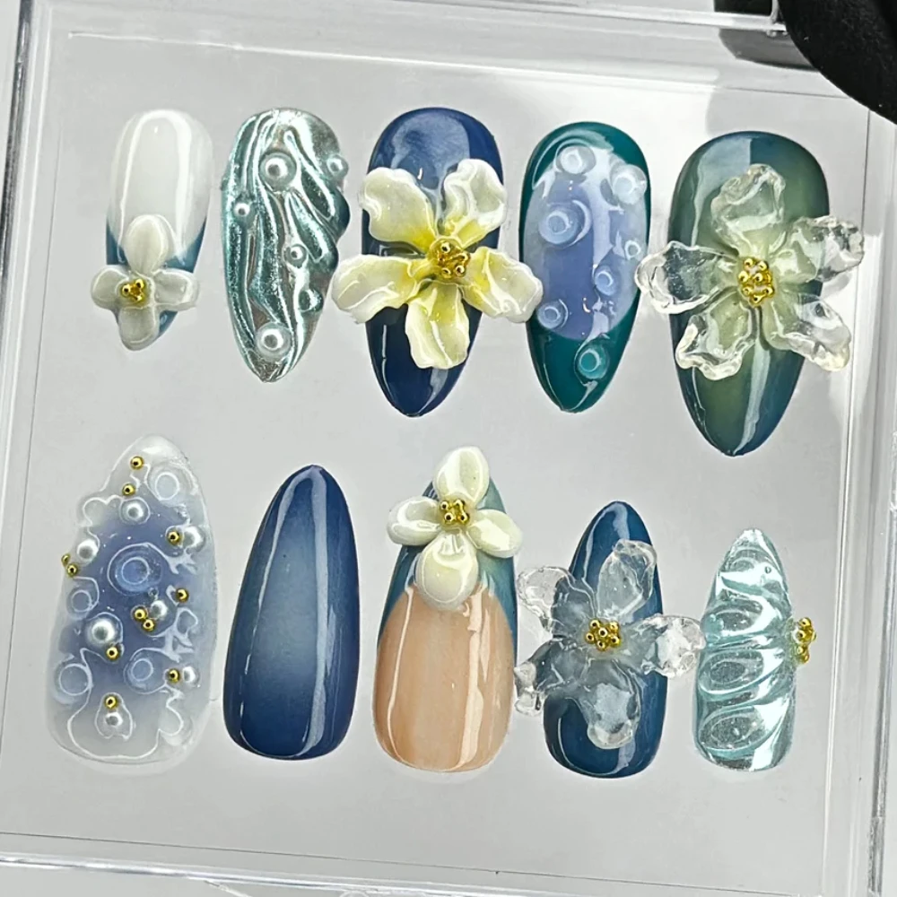 10 sztuk ręcznie robionych manicure Średnie migdałowe sztuczne paznokcie 2024 Nowe urocze paznokcie 3D Flower Press On Nails Design z zestawem