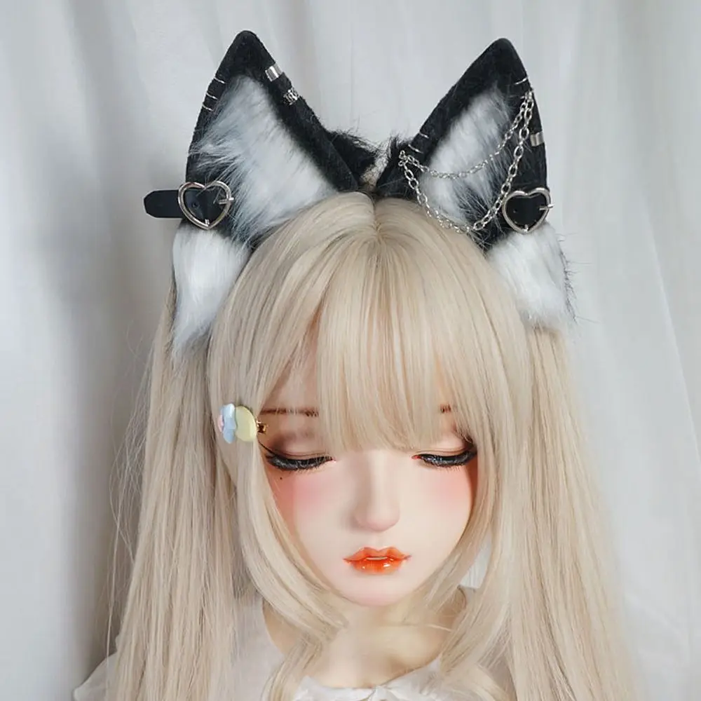 Cintura per capelli Lolita con orecchio di gatto a forcina con ciondolo d'amore Fascia per capelli in peluche Copricapo in stile coreano Costume cosplay di Halloween per ragazze
