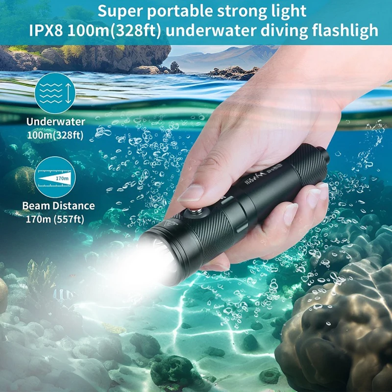HISWN D180 XPL HI LED flashlight, diving torch 1200 lumen ultra bright IPX8 waterproof rechargeable tactical flashlight