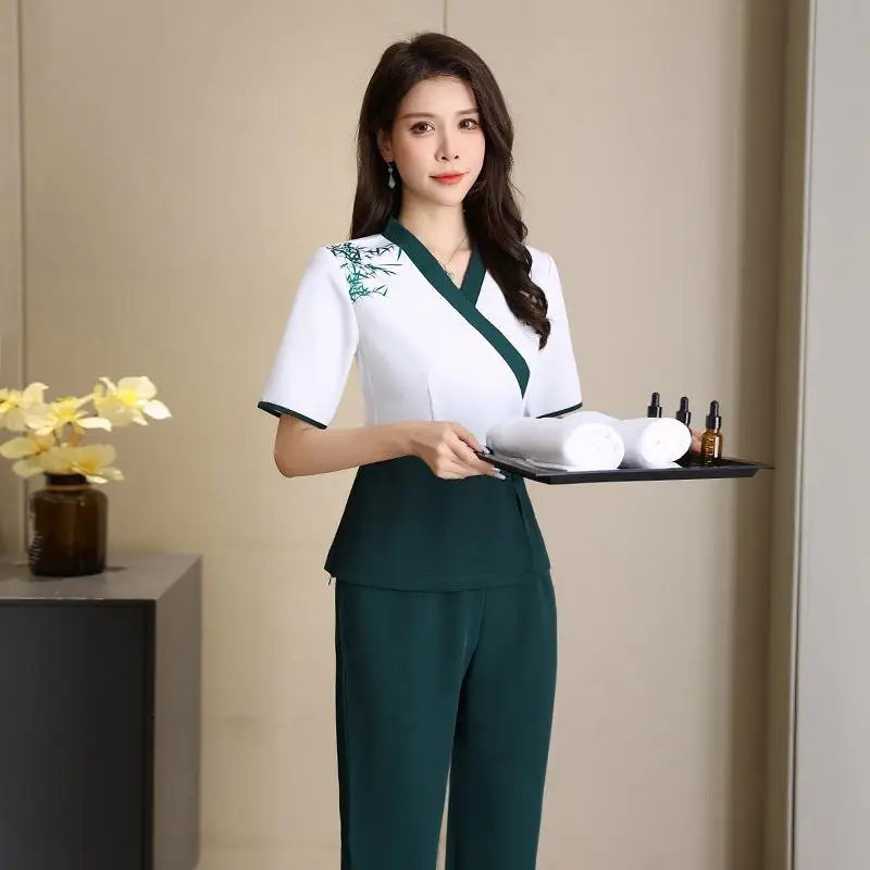 New Spa Foot Therapy Technician Uniform Female Beauty Hairdressing Massage Dress Hotel Waiter Work Dress Set Printed LOGO