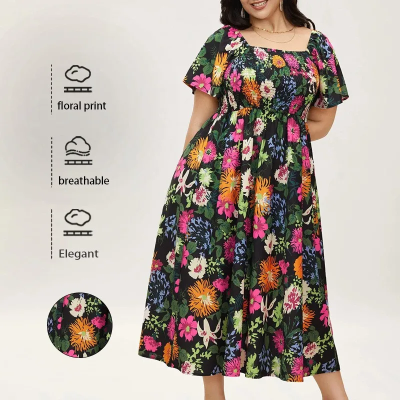 Summer Dress Women's Square Neck Floral Print Dresses High Waist Smocked Waist Maxi Dress Light Blue Base Loose Fit A Line Dress