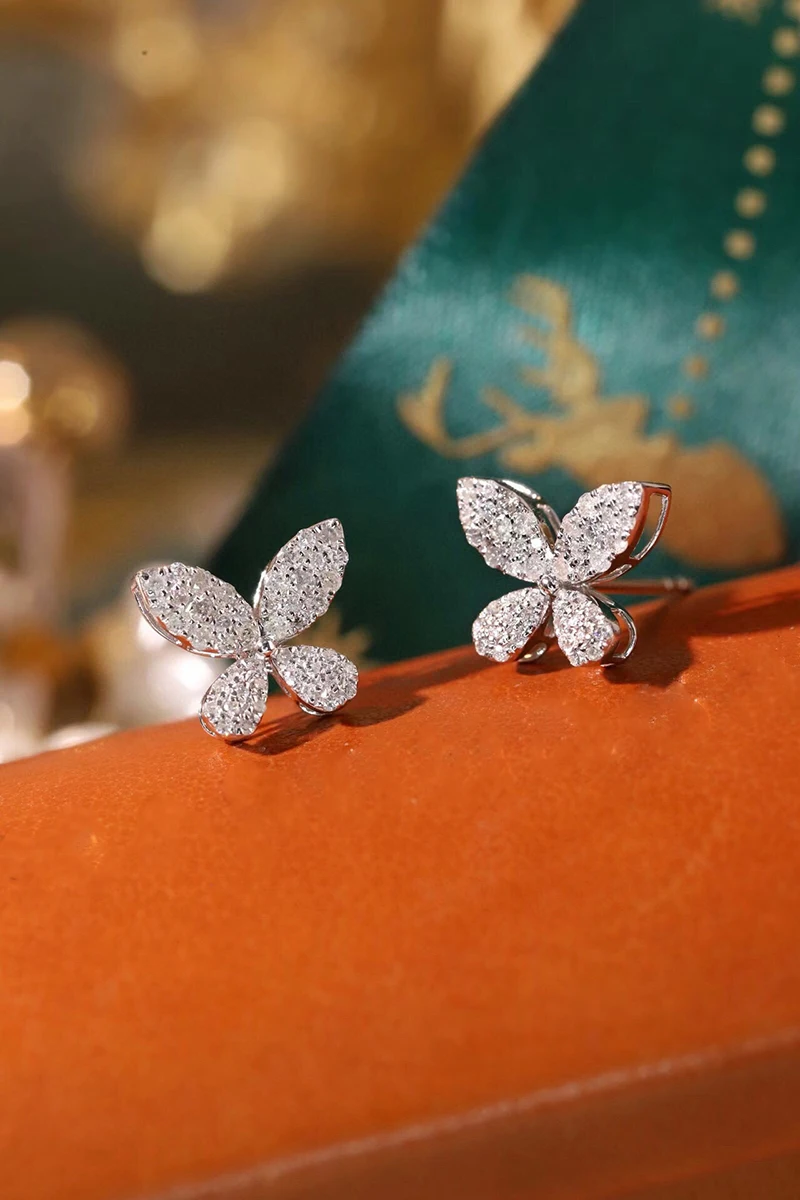 KUGG 100% 18K White Gold Earrings Women Elegant Butterfly Shape 0.40carat Real Natural Diamond Stud Earrings Engagement Jewelry