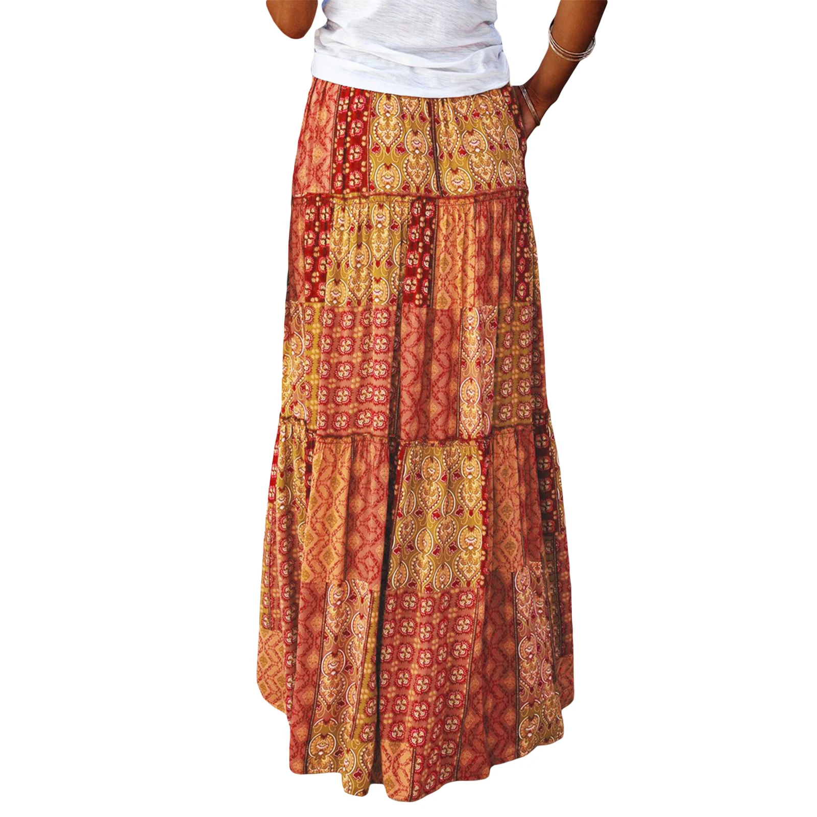 

Women's Bohemian Skirts Vintage Elastic High Waist A-Line Skirts Tiered Long Skirts with Pockets