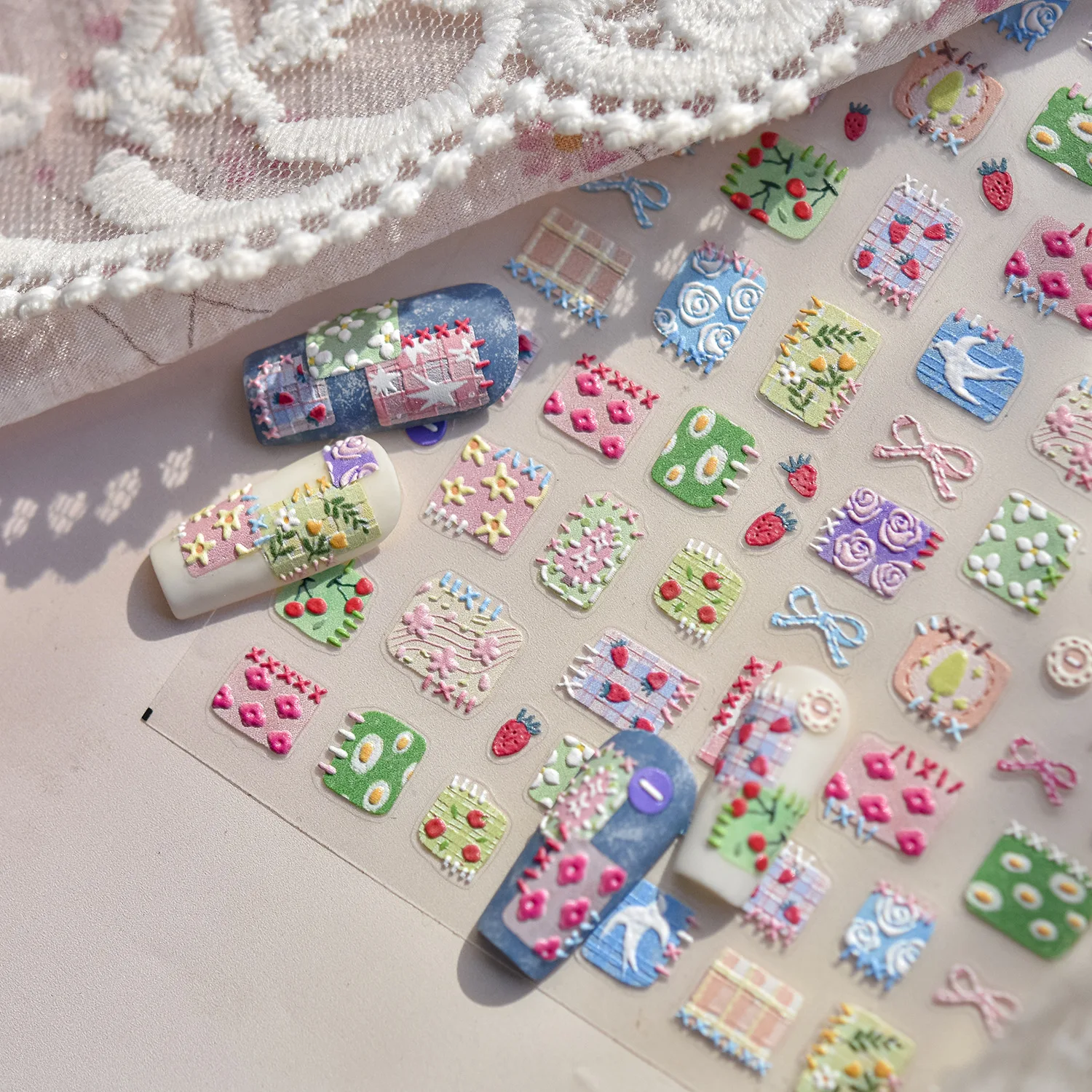 One Pieces Nail Stickers 5D Rose Flower Strawberry Cherry Swallow Tree Star Button Self Adhesive Nail Art Stickers Manicure DIY