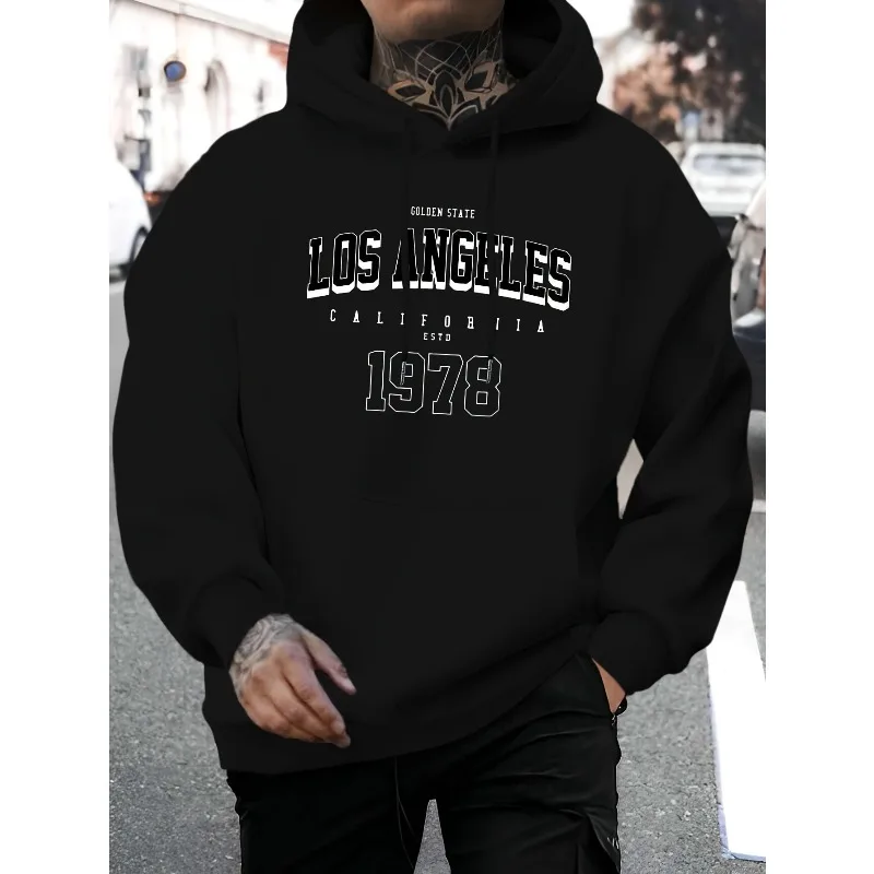 

Men's Vintage 1978 California Pattern Hoodie, Black Pullover Sweater with Kangaroo Pocket and Drawstring Hat, Street Essentials