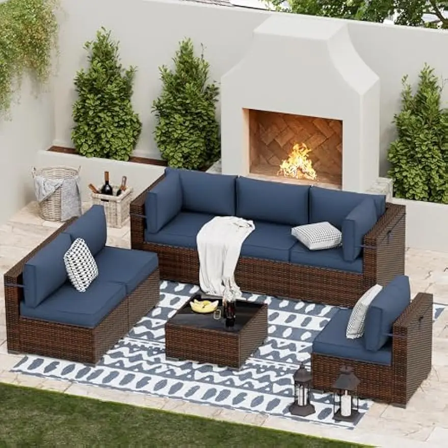 

Patio Furniture Sets, Modular Rattan Outdoor Sectional Furniture Sofa Set, Wicker Conversation Set, 7pc Blue，Include Sofa Cover