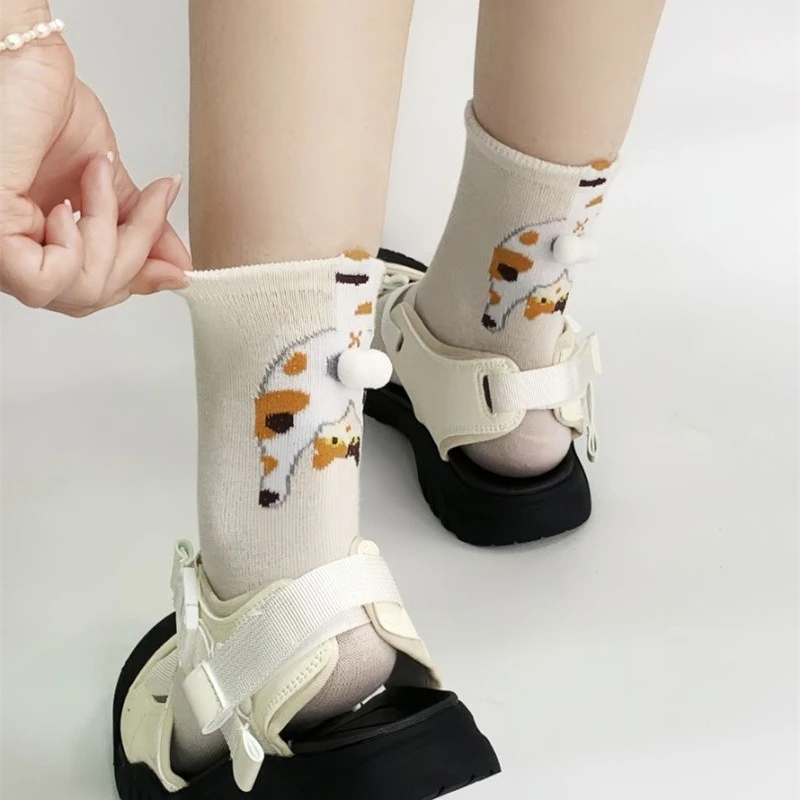 Cartoon Cat Egg Couple Socks Cozy Mid-Calf Cotton for Maternity Warm Winter Cute Present for Christmas Cat Lovers Family