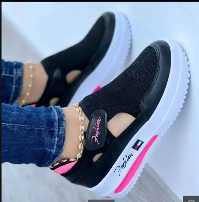 

2023 large casual single shoes women's spring and summer new flat-bottomed fly woven breathable velcro casual mesh shoes