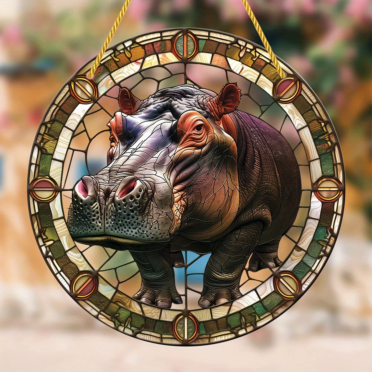 Hippopotamus Stained Glass Suncatcher, Round Acrylic Hanging Ornament for Birthday,All Seasons,home,Porch,Ideal Gift for Friends