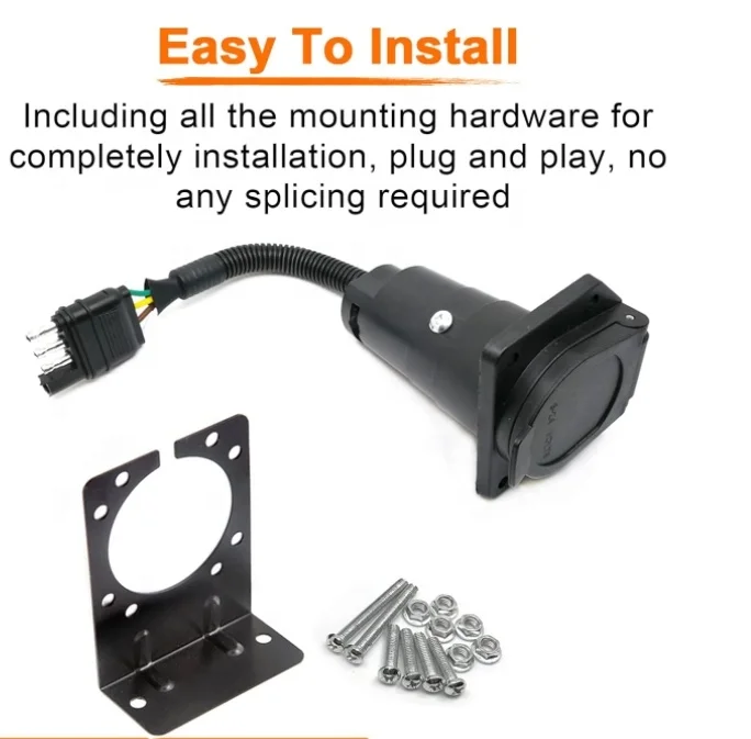 OEM 4Way Flat Plug to 7 Way Round Blade Socket Trailer Light Adapter Kit with Mounting Bracket