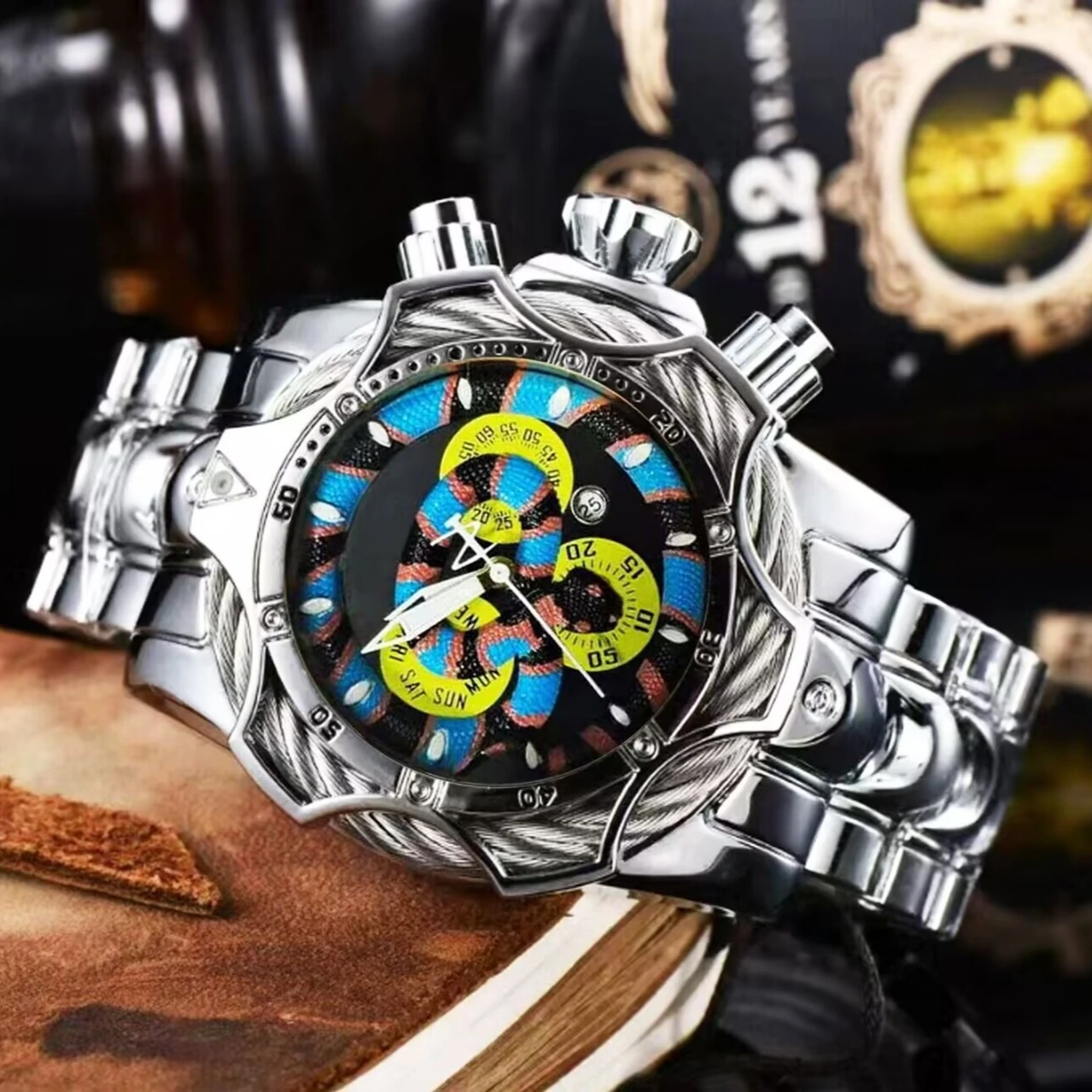 Fashion Popular Reptiles Series Pet Snake Large Dial Mens Quartz Watch Luminous Pointer Auto-date Steel Strap Wristwatch - view 6
