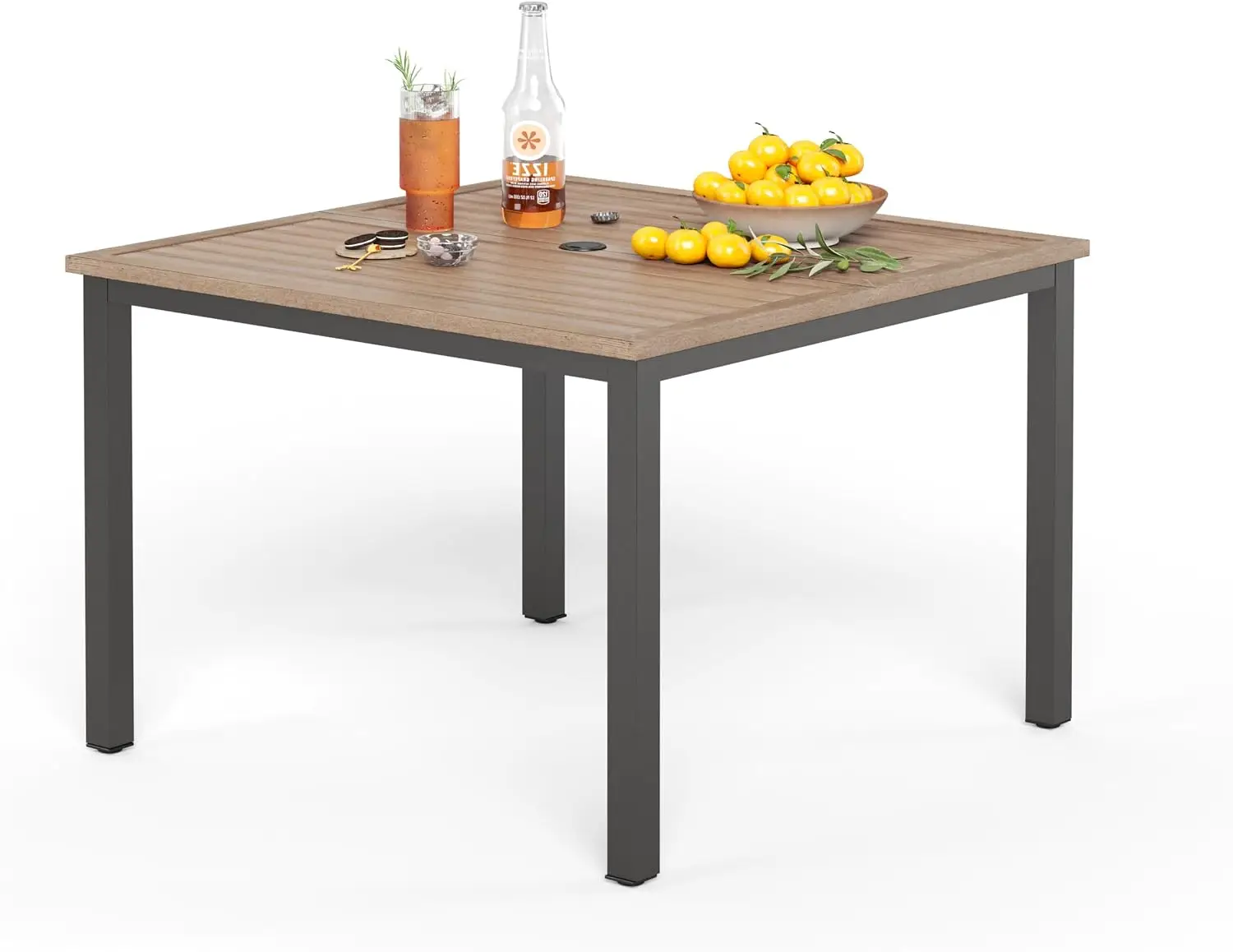 PHI VILLA Patio Table w/Umbrella Hole, Metal Dining Table for 4