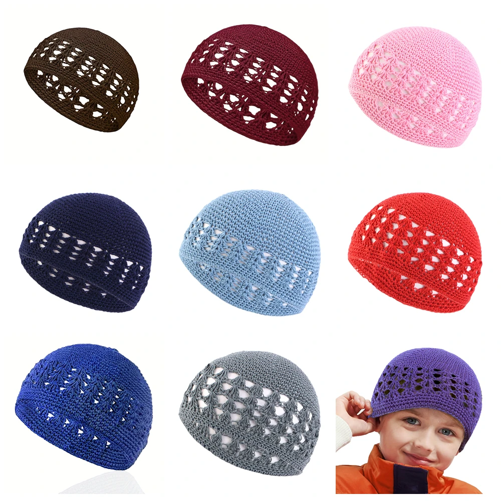 

Child Kufi Cap Muslim Kids Handmade Brimless Hollow Out Elastic Knit Crochet Boys Girls Beanies Soft Hats Autumn Winter 40PCS