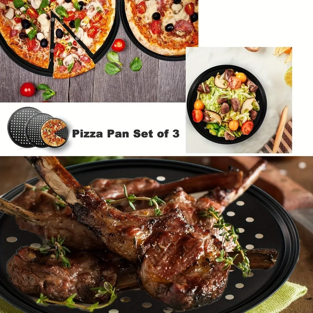 Carbon Steel Perforated Pizza Pan Set 10/11/12 Inch Non Stick Pizza Baking Tray Mupti Purpose Round Baking Tools Crispy & Bubbly